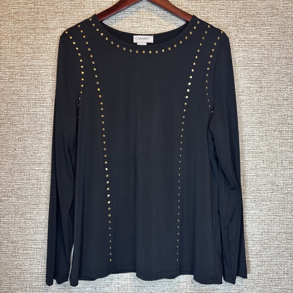 Women's Carmen Marc Valvo‎ Black Round Neck Gold Accents Long Sleeve Sz XL